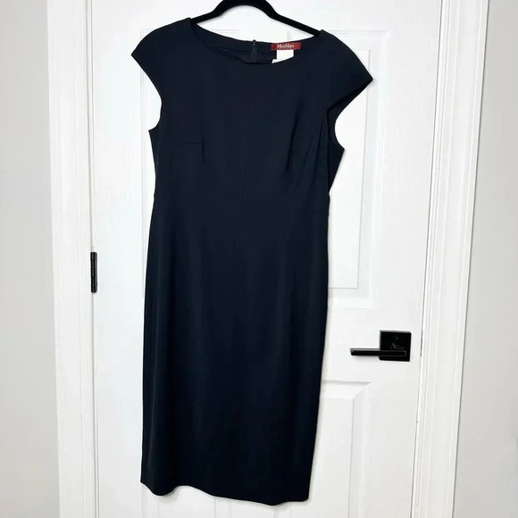 MaxMara Studio US‎ 12 Black Cap Sleeve Sheath Midi Dress LBD Polished Classic